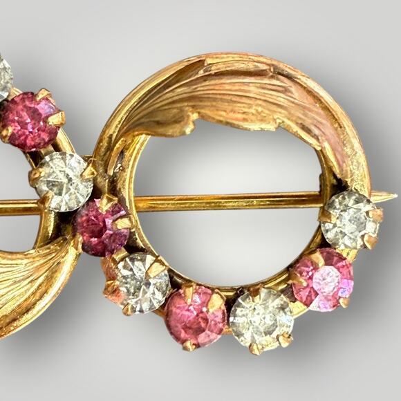 Vintage C.T. 1/20 10KT Gold Filled Double Circle Brooch Pink & Clear Rhinestones - Picture 3 of 8